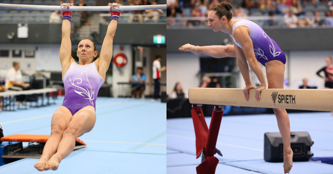 Two images of a woman wearing a purple unitard performing bar and beam gymnastics routines